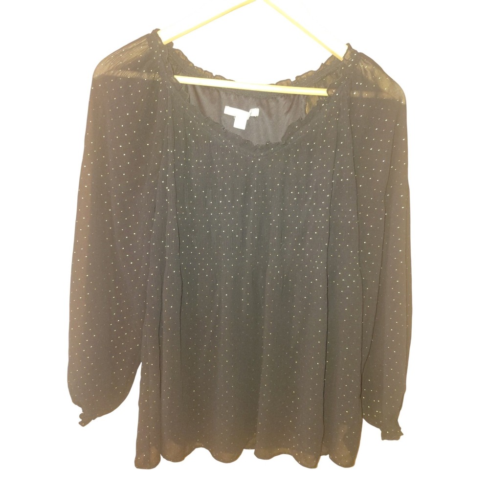 Valerie Stevens Womens Small Black Gold Foil Polka Dot Pleated Ruffle Neck Top